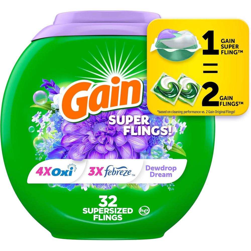 image:imageGain Super Flings Laundry Detergent Pacs 45 Count Dewdrop Dream scent clean and fresh washing detergent laundry soap pacs1 Count Pack of 32