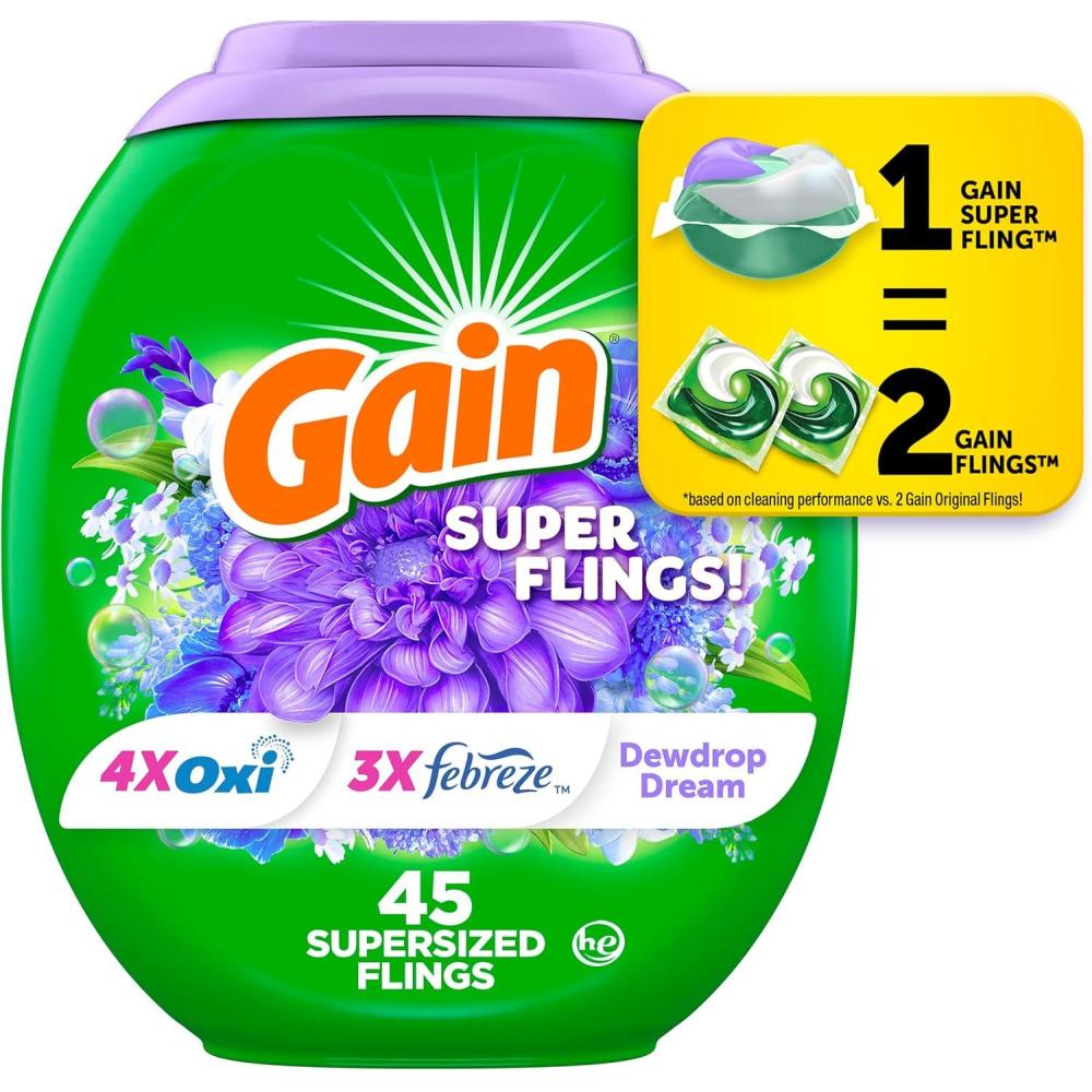 image:imageGain Super Flings Laundry Detergent Pacs 45 Count Dewdrop Dream scent clean and fresh washing detergent laundry soap pacs1 Count Pack of 45