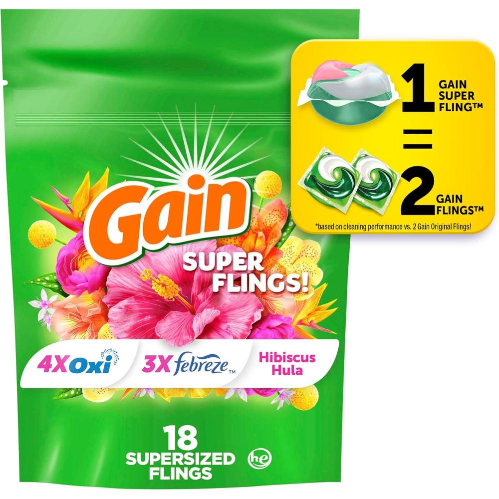 image:imageGain Super Flings Laundry Detergent Pacs 45 Count Hibiscus Hula scent irresistibly clean and fresh washing detergent laundry soap pacsHibiscus Hula