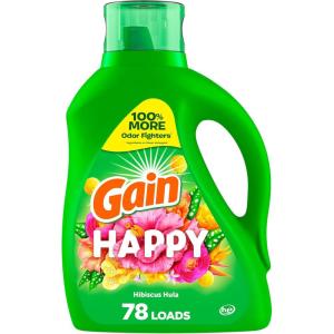 Gain Liquid Laundry Detergent, Happy, HE Compatible, 154 fl oz, 107 Loads(Hibiscus Hula)