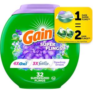 Gain Super Flings Laundry Detergent Pacs, 45 Count, Dewdrop Dream scent, clean and fresh washing detergent laundry soap pacs(1 Count (Pack of 32))