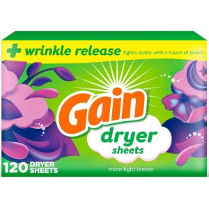 Gain dryer sheets Plus Wrinkle Release, Moonlight Breeze Scent, 120 Count, Fights static with a touch of scent, laundry sheets(Moonlight Breeze)