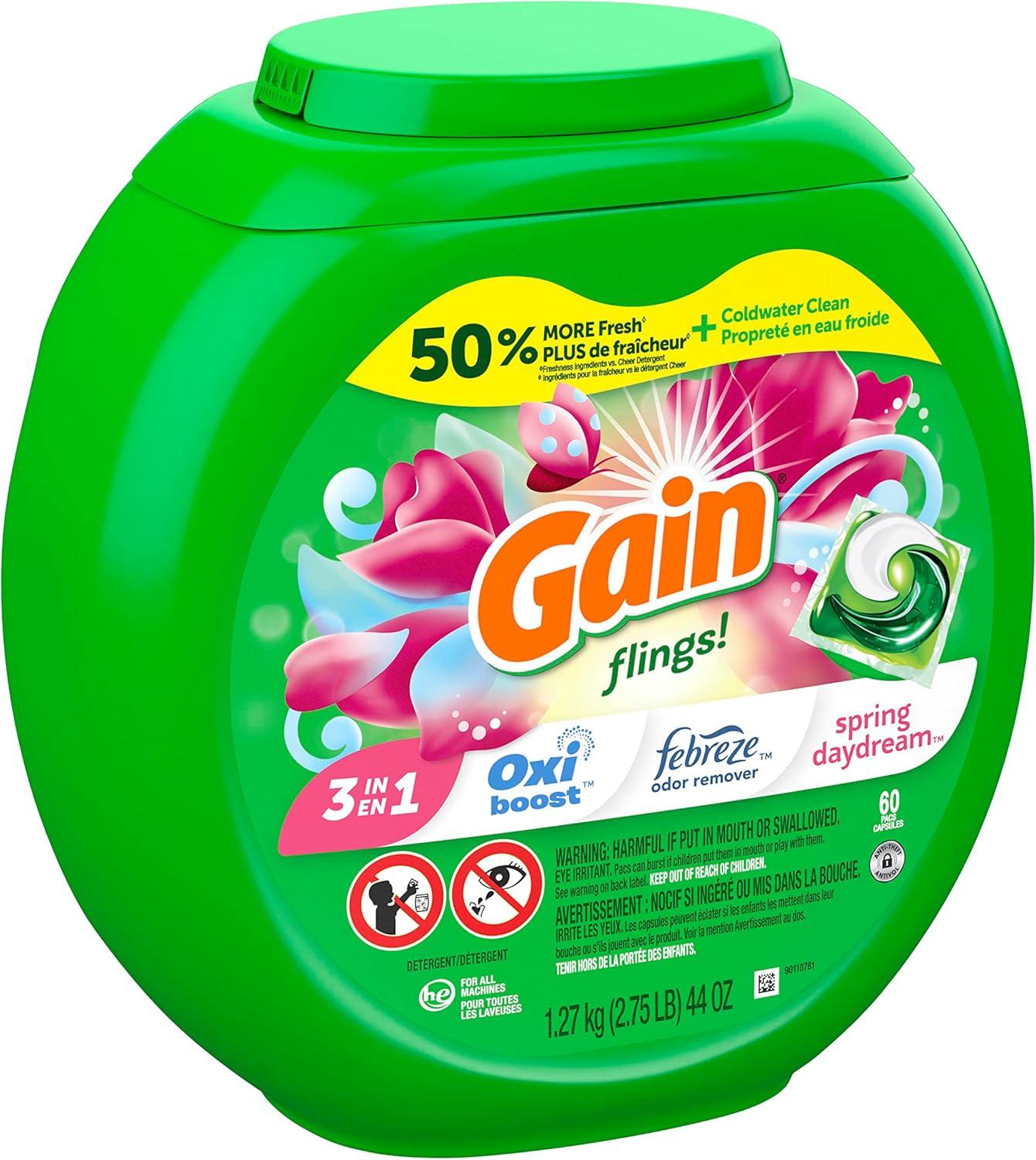 image:imageGain Flings Laundry Detergent Pacs 60 Count Spring Daydream Scent 3 in 1 HE Detergent Pacs with Oxi Boost and Febreeze60 Count Pack of 1