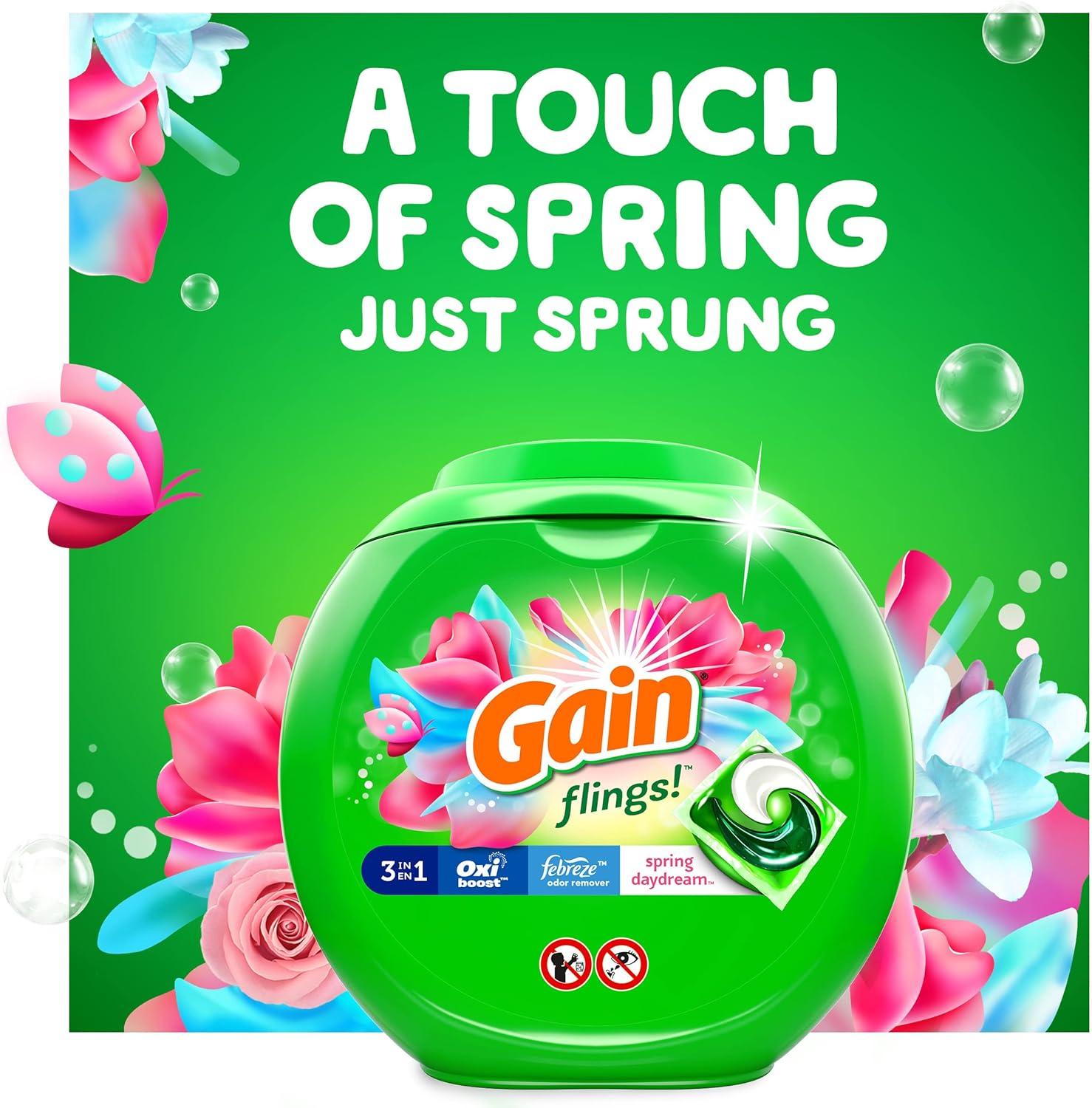 image:imageGain Flings Laundry Detergent Pacs 60 Count Spring Daydream Scent 3 in 1 HE Detergent Pacs with Oxi Boost and Febreeze60 Count Pack of 1