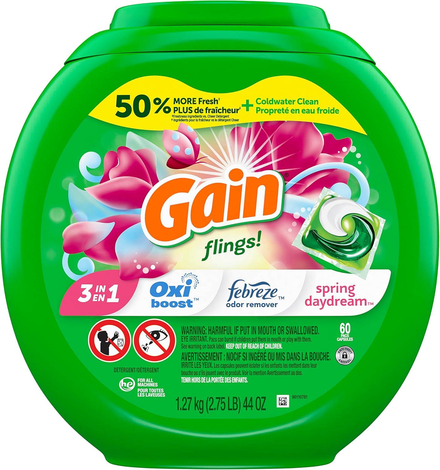 image:imageGain Flings Laundry Detergent Pacs 60 Count Spring Daydream Scent 3 in 1 HE Detergent Pacs with Oxi Boost and Febreeze60 Count Pack of 1