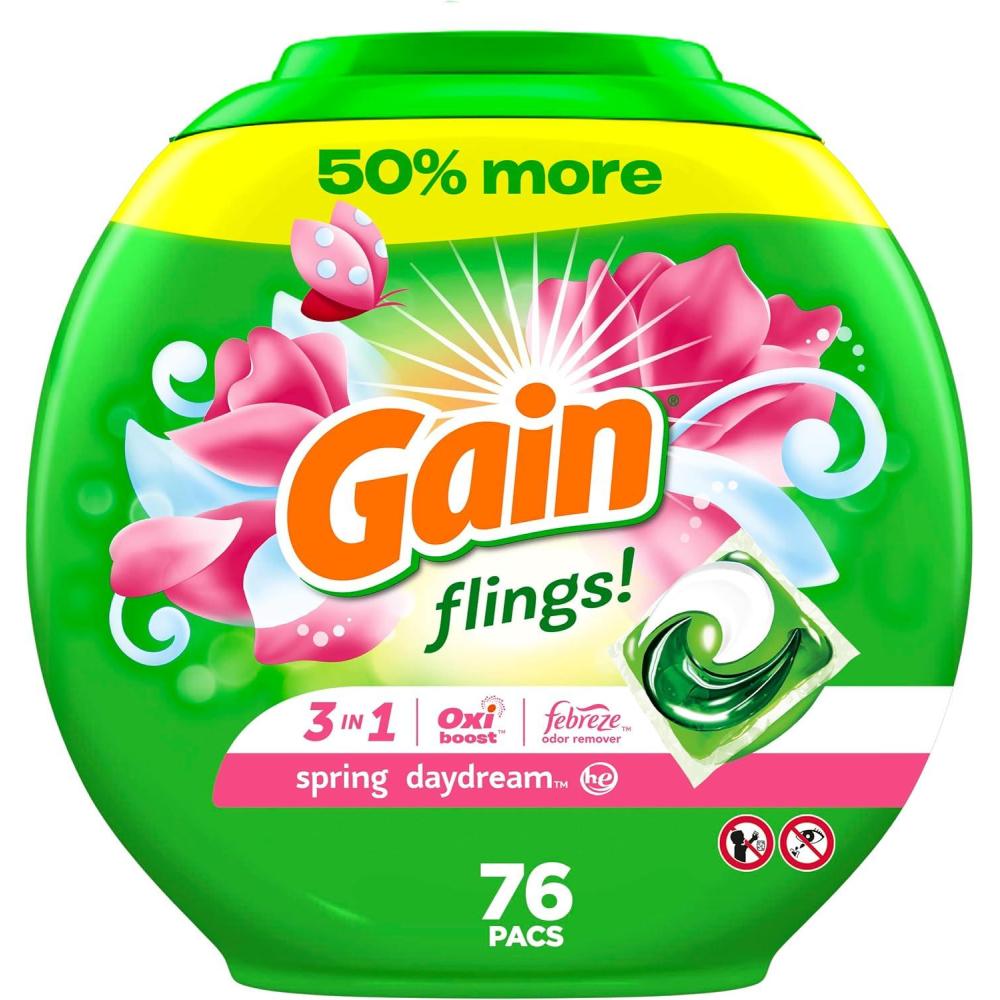 image:imageGain Flings Laundry Detergent Pacs 60 Count Spring Daydream Scent 3 in 1 HE Detergent Pacs with Oxi Boost and Febreeze76 Count Pack of 1