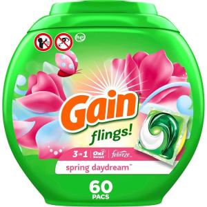 Gain Flings Laundry Detergent Pacs, 60 Count, Spring Daydream Scent, 3 in 1 HE Detergent Pacs with Oxi Boost and Febreeze(60 Count (Pack of 1))