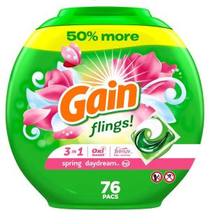 Gain Flings Laundry Detergent Pacs, 60 Count, Spring Daydream Scent, 3 in 1 HE Detergent Pacs with Oxi Boost and Febreeze(76 Count (Pack of 1))